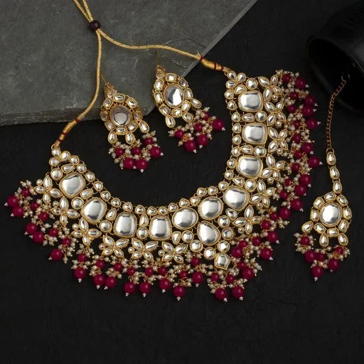 Maroon Spargz Bridal Alloy Wedding Gold Plated Kundan & Bead Necklace Set For Women