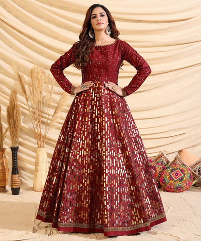 Maroon tafetta silk pigment multi color foil party wear gown