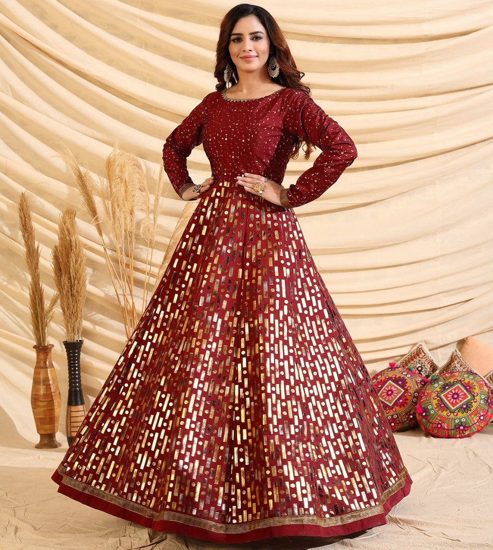 Maroon tafetta silk pigment multi color foil party wear gown