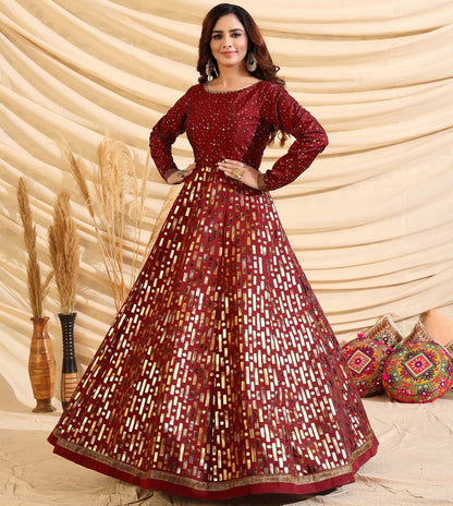 Maroon tafetta silk pigment multi color foil party wear gown