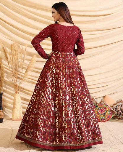 Maroon tafetta silk pigment multi color foil party wear gown