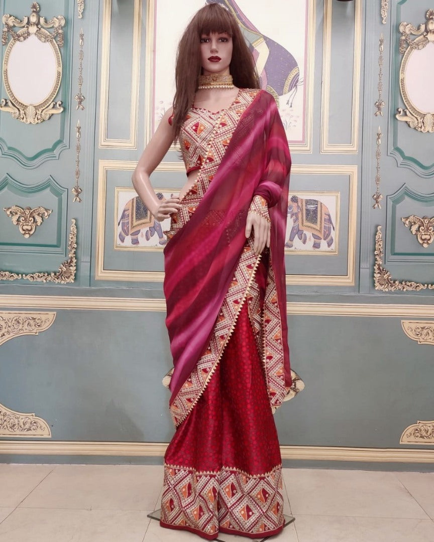 Maroon taffeta silk digital printed plazzo suit