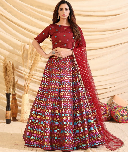 Maroon taffeta silk pigment foil printed work wedding lehenga choli