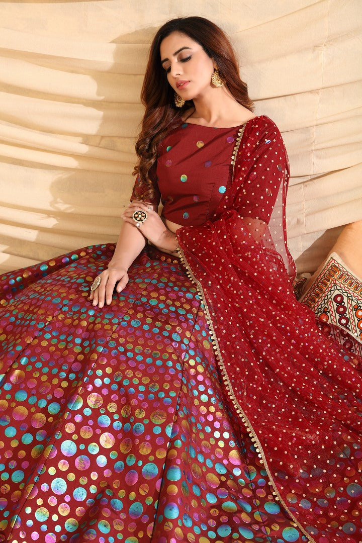 Maroon taffeta silk pigment foil printed work wedding lehenga choli