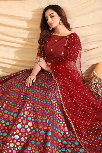 Maroon taffeta silk pigment foil printed work wedding lehenga choli