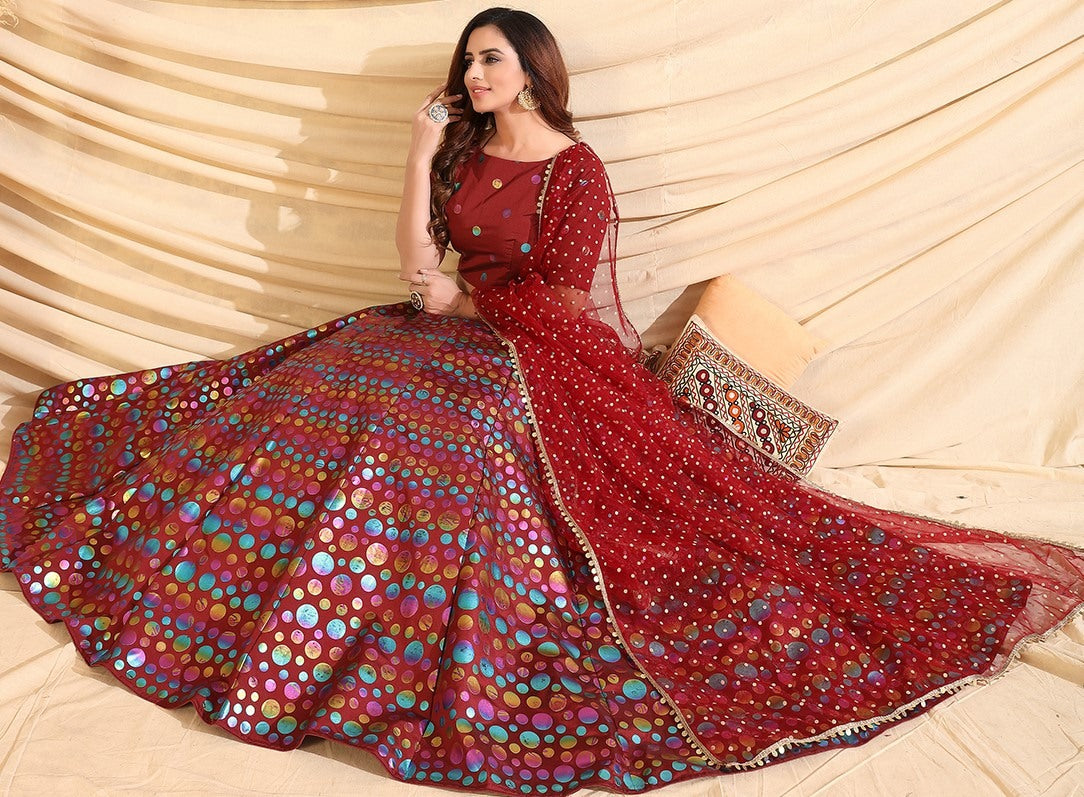 Maroon taffeta silk pigment foil printed work wedding lehenga choli