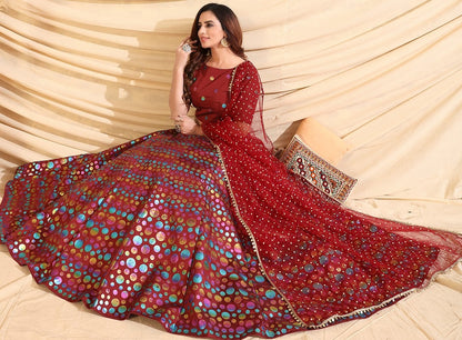 Maroon taffeta silk pigment foil printed work wedding lehenga choli