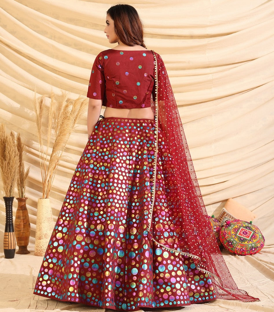 Maroon taffeta silk pigment foil printed work wedding lehenga choli