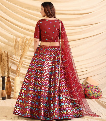 Maroon taffeta silk pigment foil printed work wedding lehenga choli