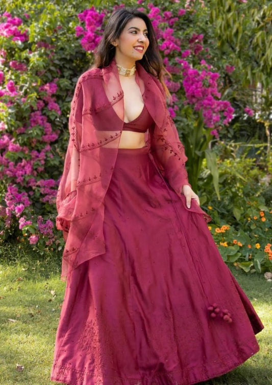 Maroon taffeta silk thread and sequence work evening function lehenga