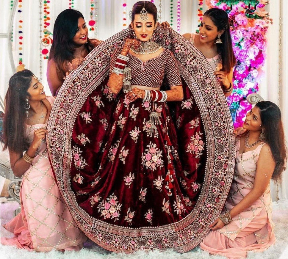 Maroon taffeta velvet heavy embroidered work wedding lehenga choli