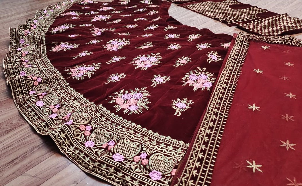 Maroon taffeta velvet heavy embroidered work wedding lehenga choli