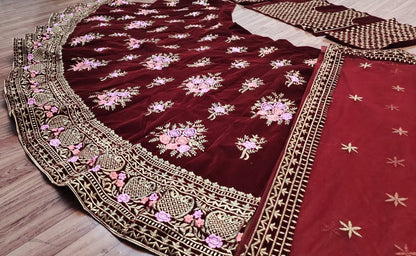 Maroon taffeta velvet heavy embroidered work wedding lehenga choli