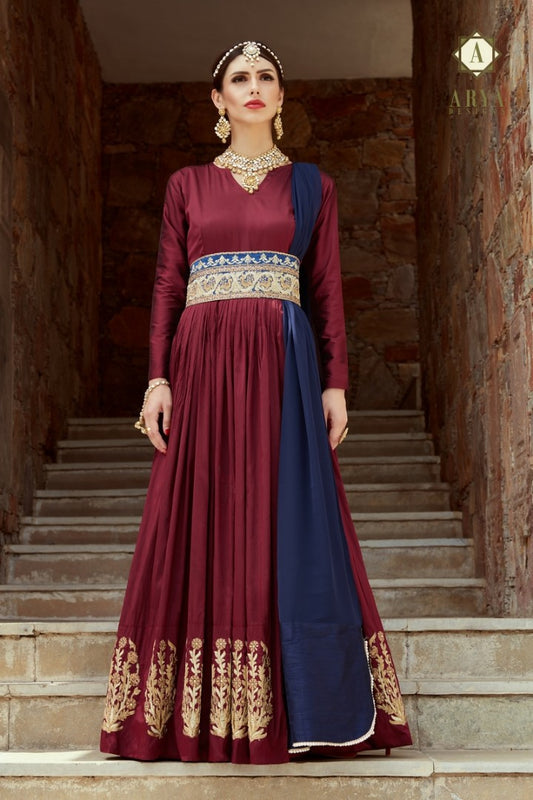 maroon tapeta silk embroidered partywear anarkali suit