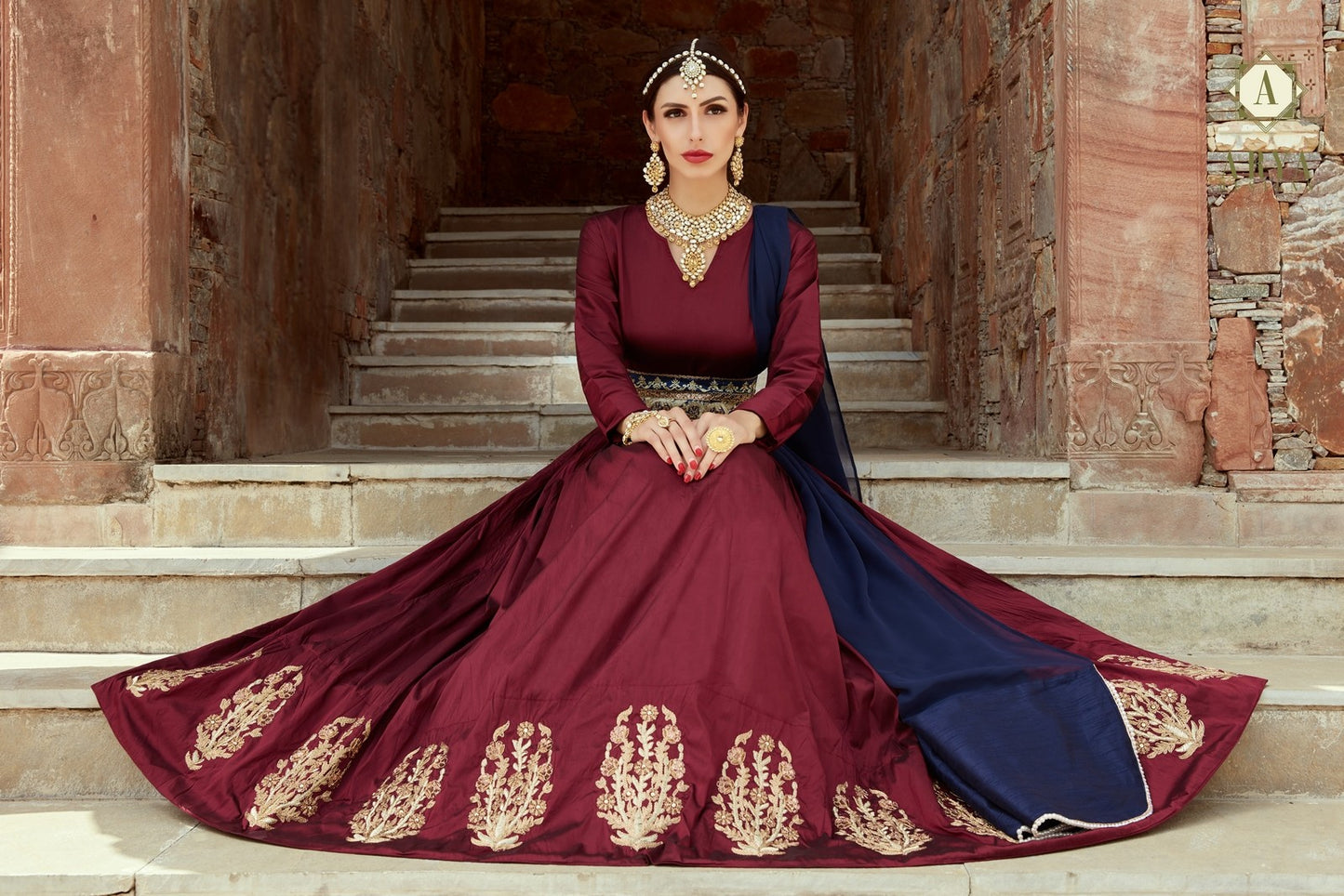 maroon tapeta silk embroidered partywear anarkali suit