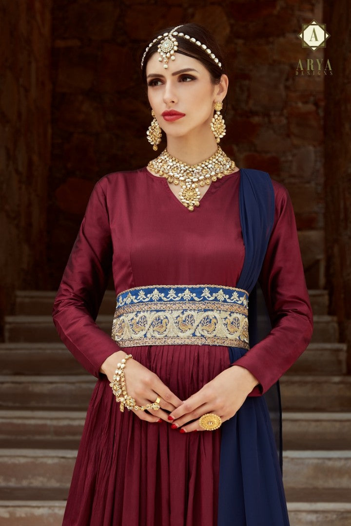 maroon tapeta silk embroidered partywear anarkali suit