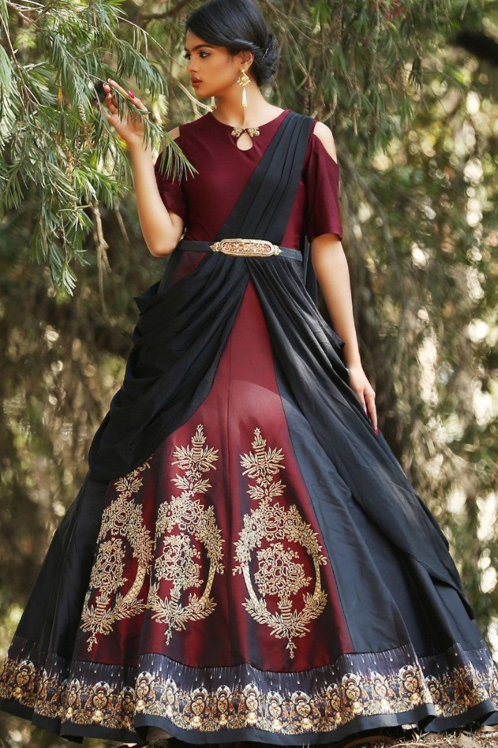 maroon tapeta silk embroidered partywear gown