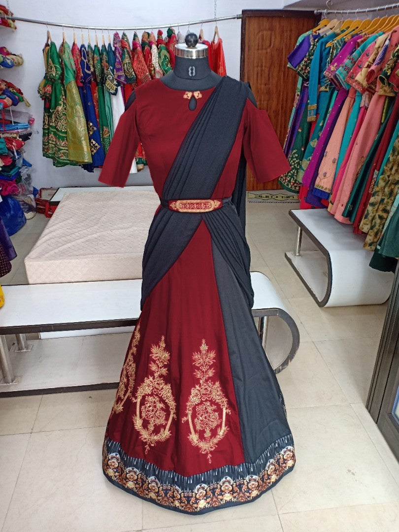 maroon tapeta silk embroidered partywear gown