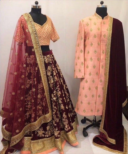 maroon tapeta silk heavy embroidered wedding lehenga