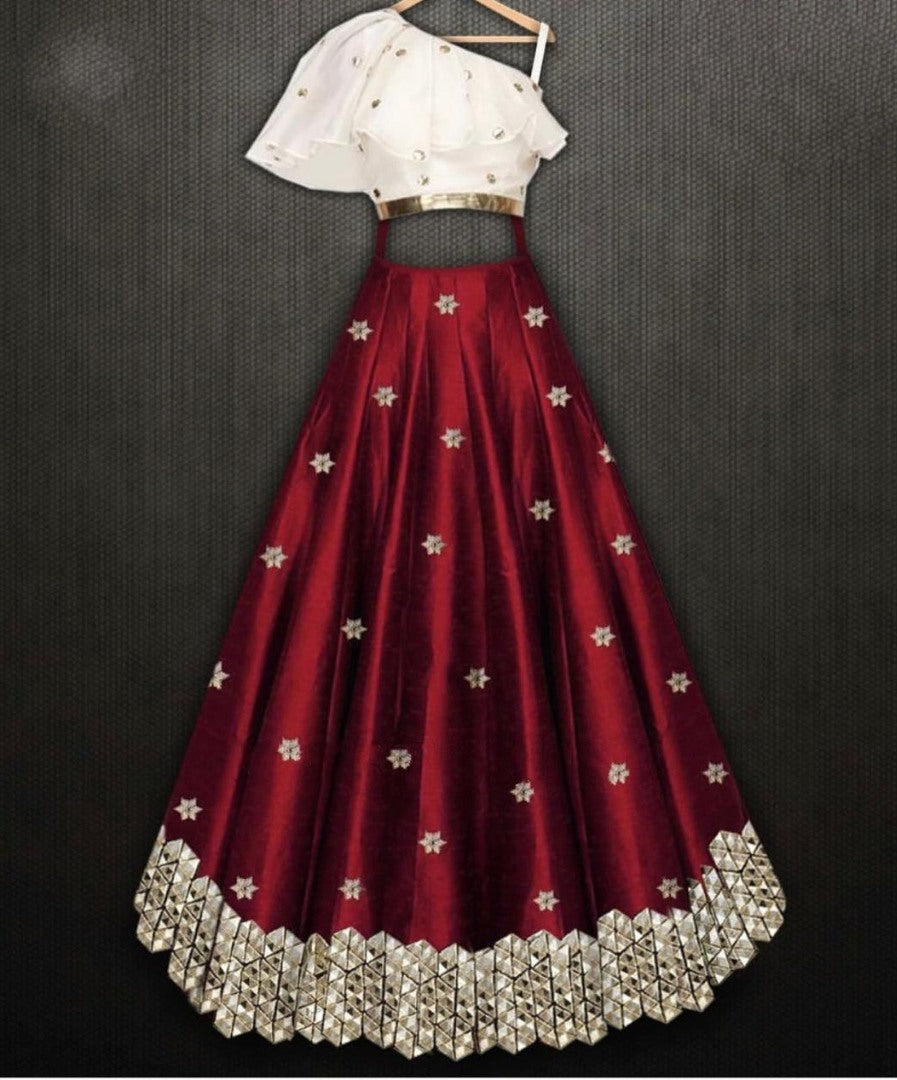 Maroon tapeta silk lehenga with white crop top