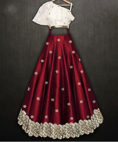 Maroon tapeta silk lehenga with white crop top