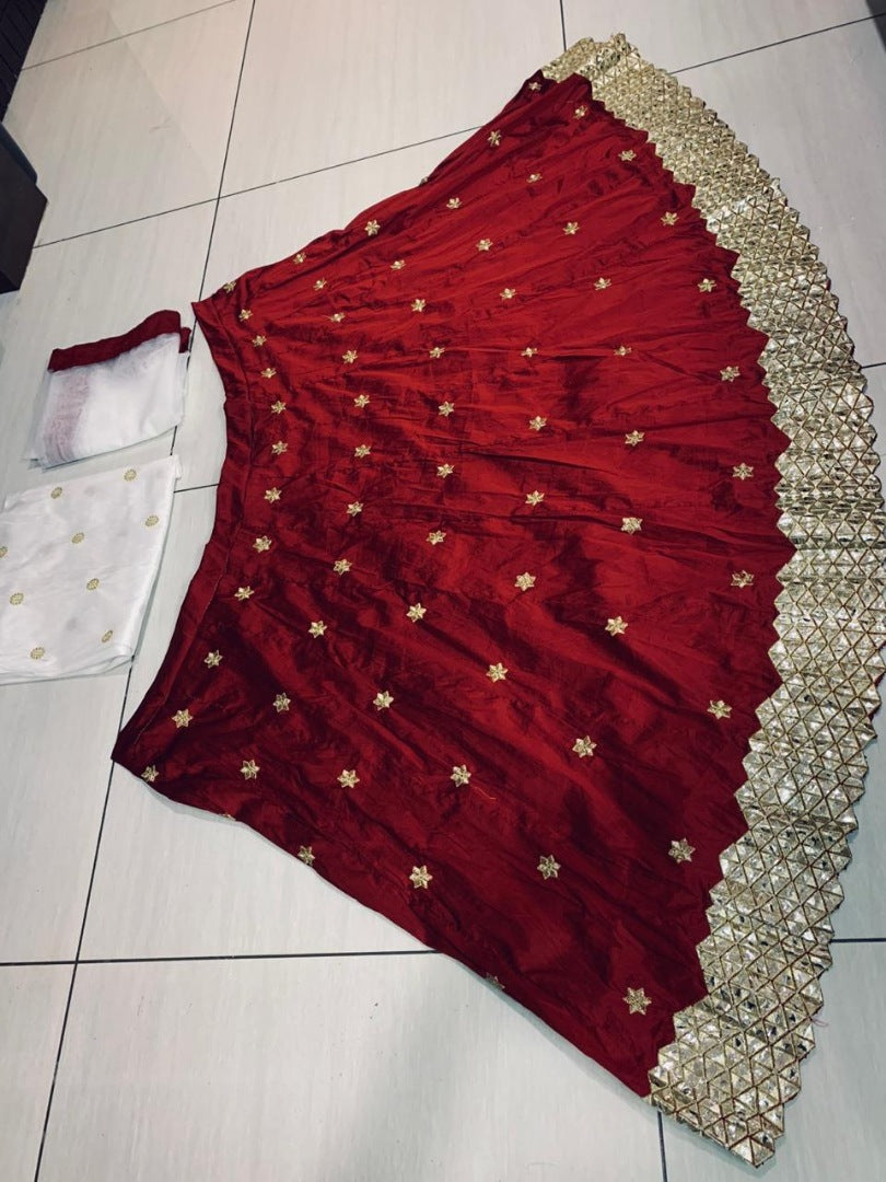 Maroon tapeta silk lehenga with white crop top