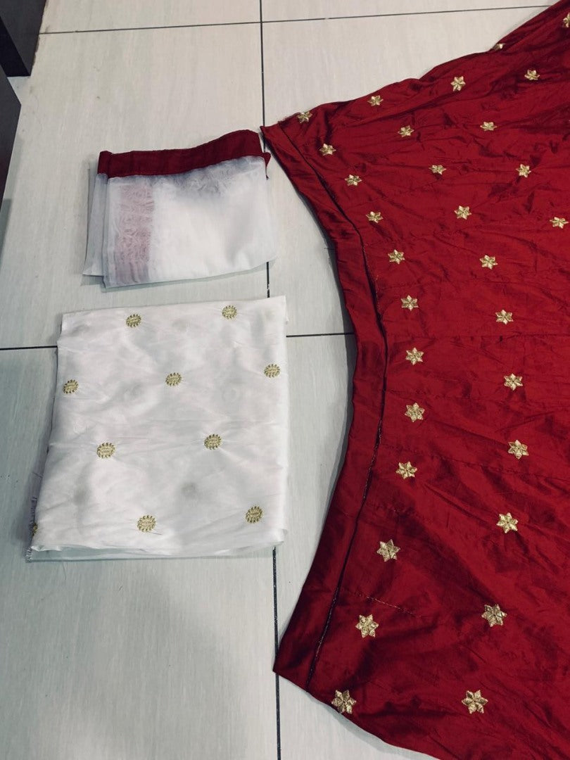 Maroon tapeta silk lehenga with white crop top