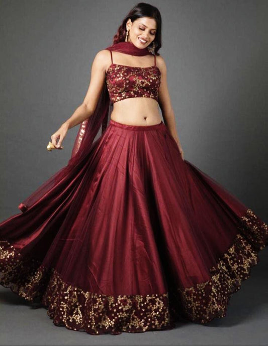 Maroon tapeta silk sequence and thread work lehenga choli