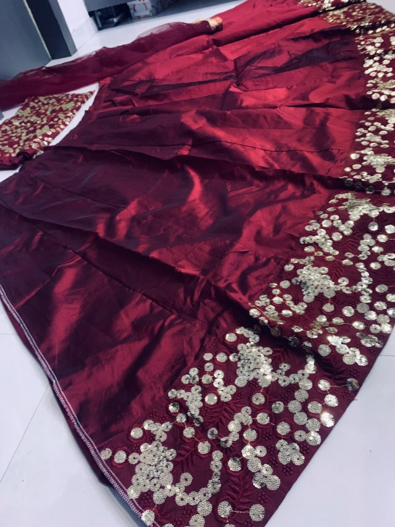 Maroon tapeta silk sequence and thread work lehenga choli