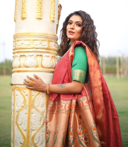 Maroon two ton silk zari jacquard weaving work saree