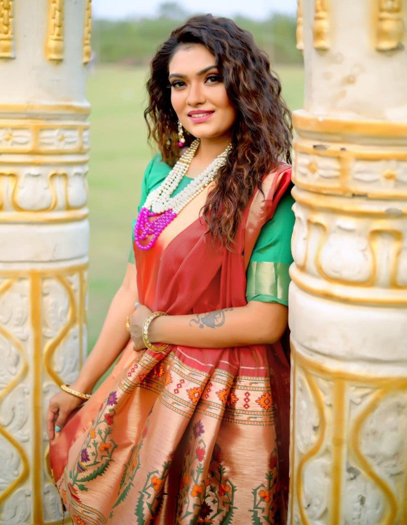 Maroon two ton silk zari jacquard weaving work saree