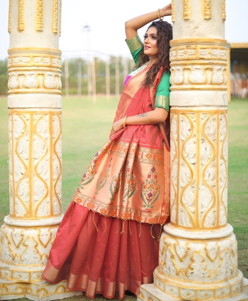 Maroon two ton silk zari jacquard weaving work saree