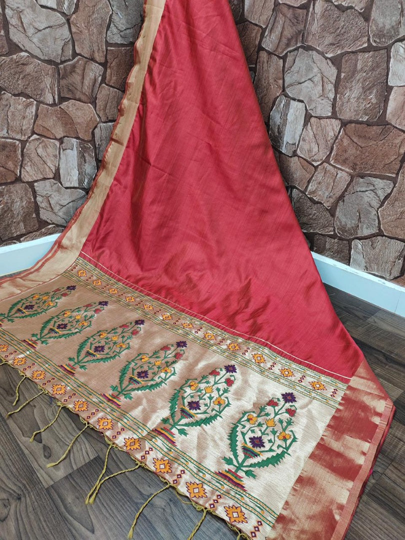 Maroon two ton silk zari jacquard weaving work saree