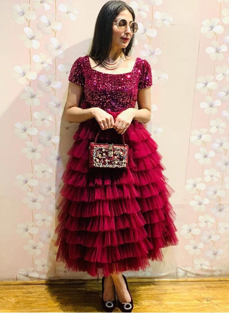 Maroon velvet and net ruffle gown