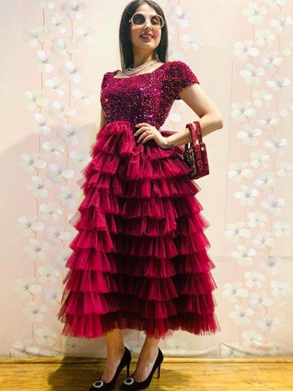 Maroon velvet and net ruffle gown