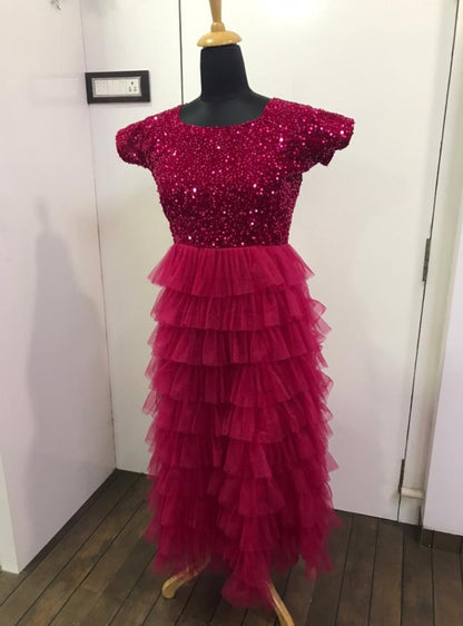 Maroon velvet and net ruffle gown