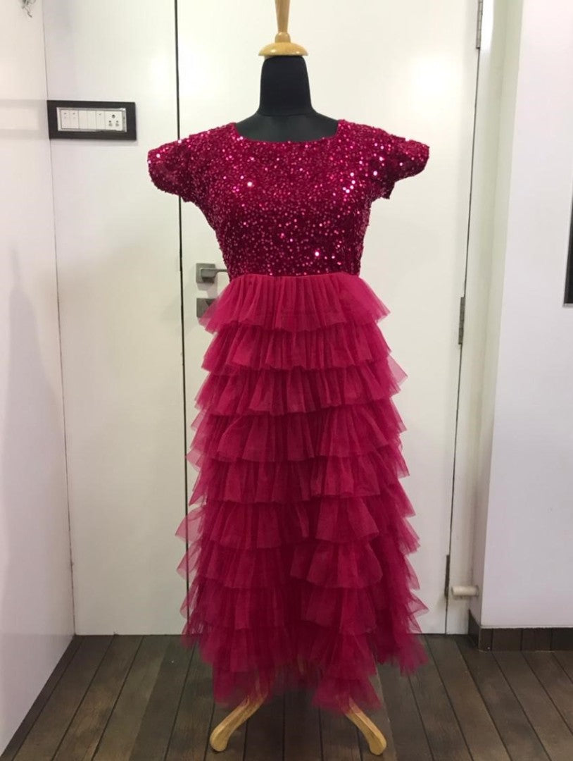 Maroon velvet and net ruffle gown