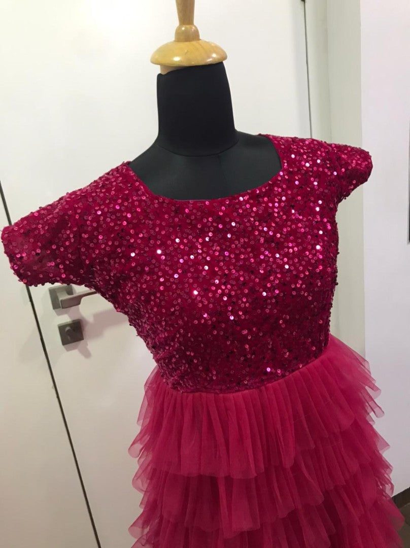 Maroon velvet and net ruffle gown