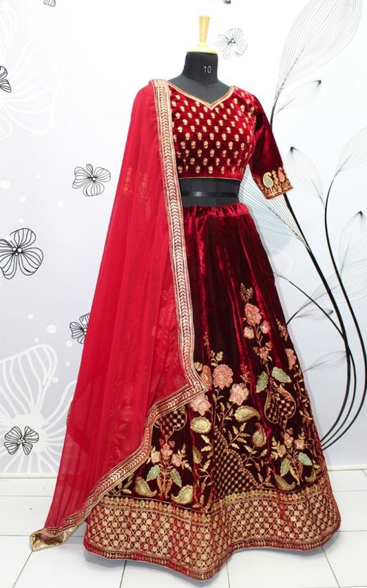 maroon velvet designer heavy embroidered bridal lehenga