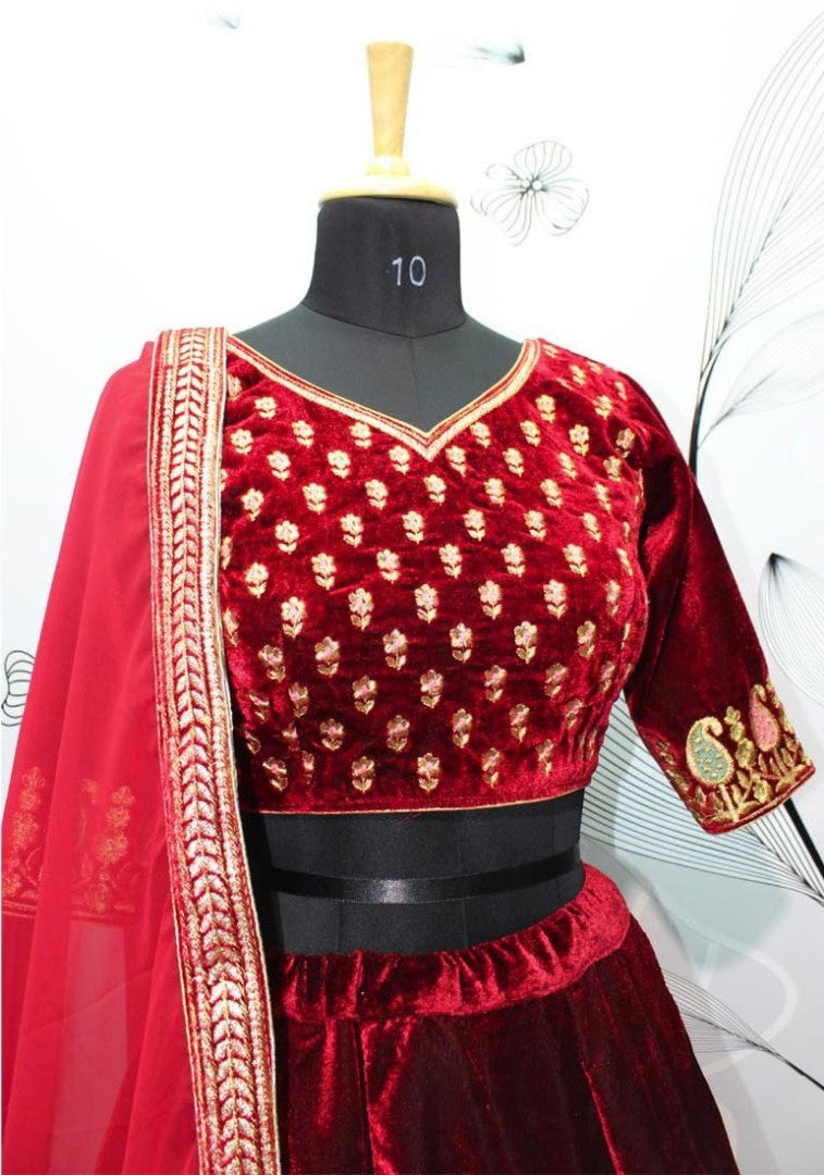 maroon velvet designer heavy embroidered bridal lehenga