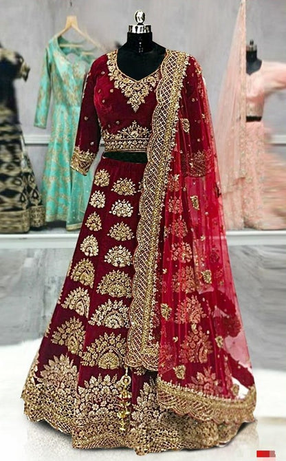 Maroon velvet designer heavy embroidered bridal wedding lehenga