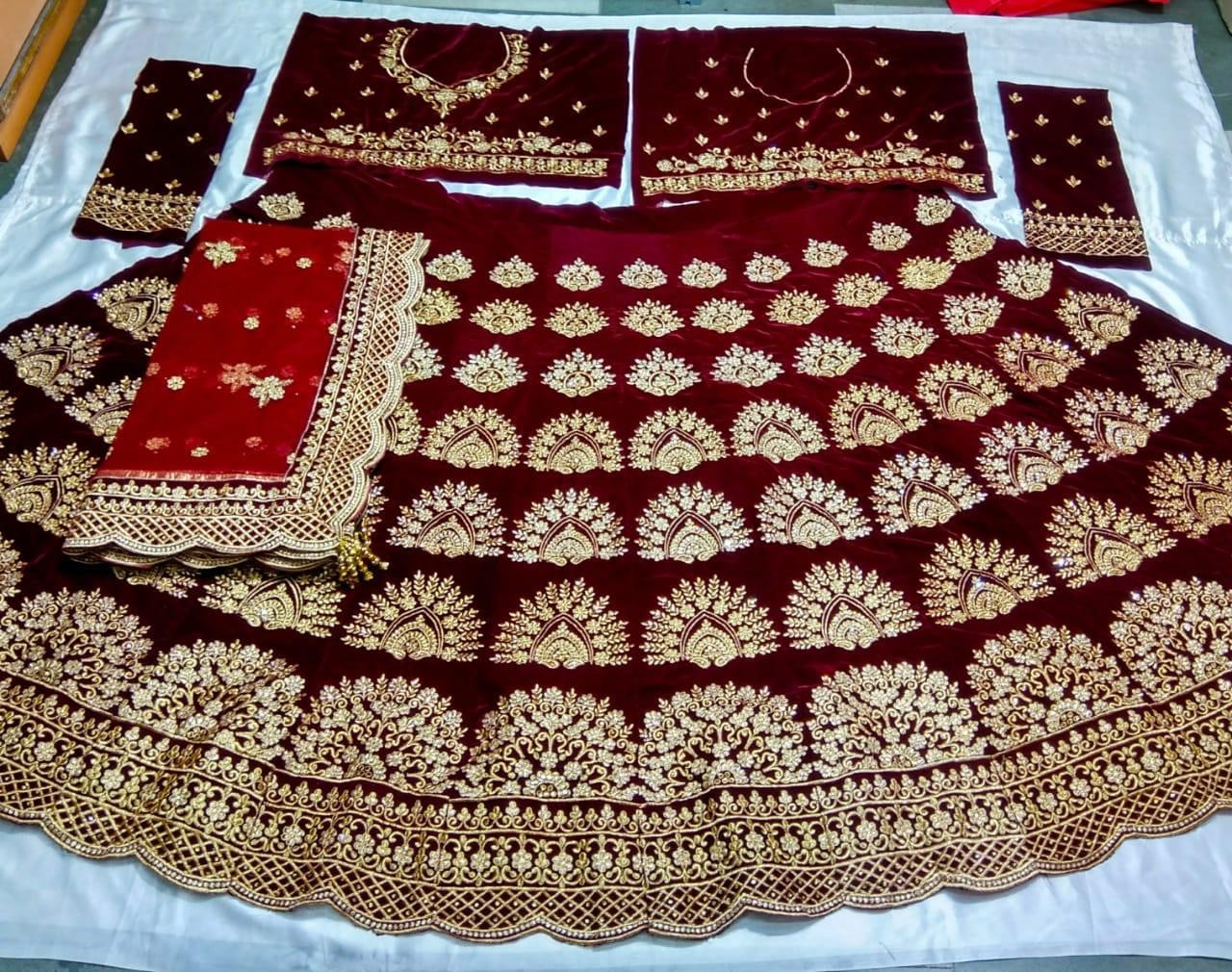 Maroon velvet designer heavy embroidered bridal wedding lehenga