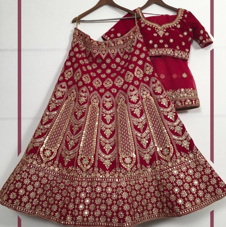 Maroon velvet dual sandwich sequence embroidered ceremonial lehenga choli