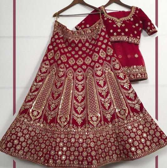 Maroon velvet dual sandwich sequence embroidered ceremonial lehenga choli