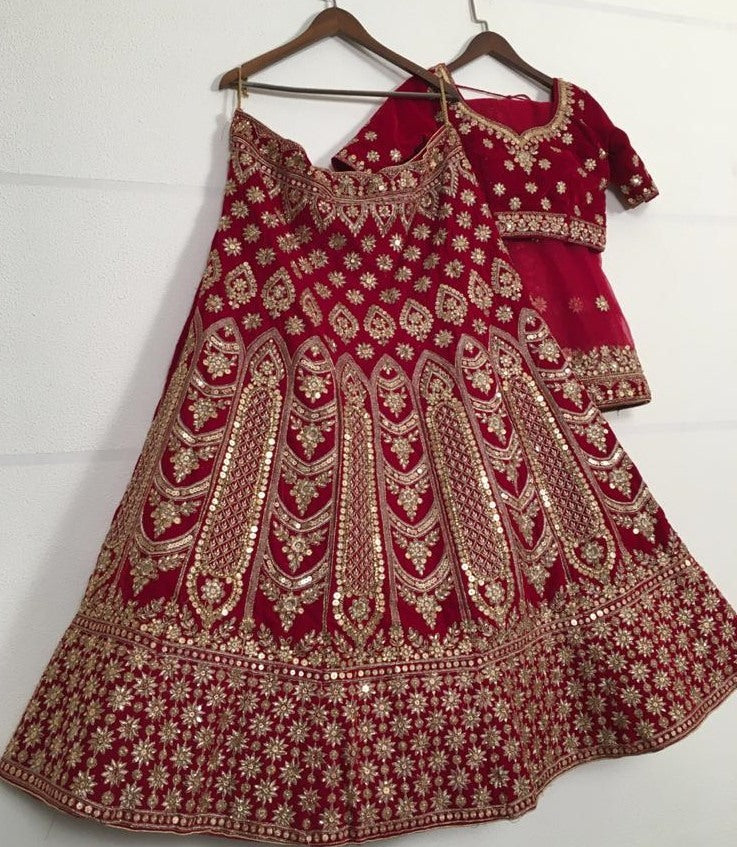 Maroon velvet dual sandwich sequence embroidered ceremonial lehenga choli
