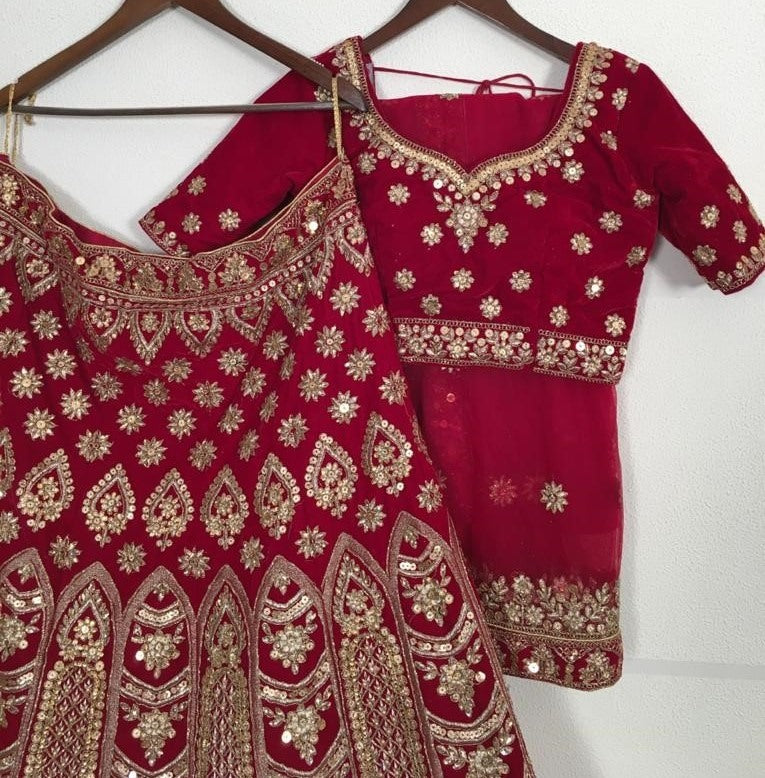 Maroon velvet dual sandwich sequence embroidered ceremonial lehenga choli