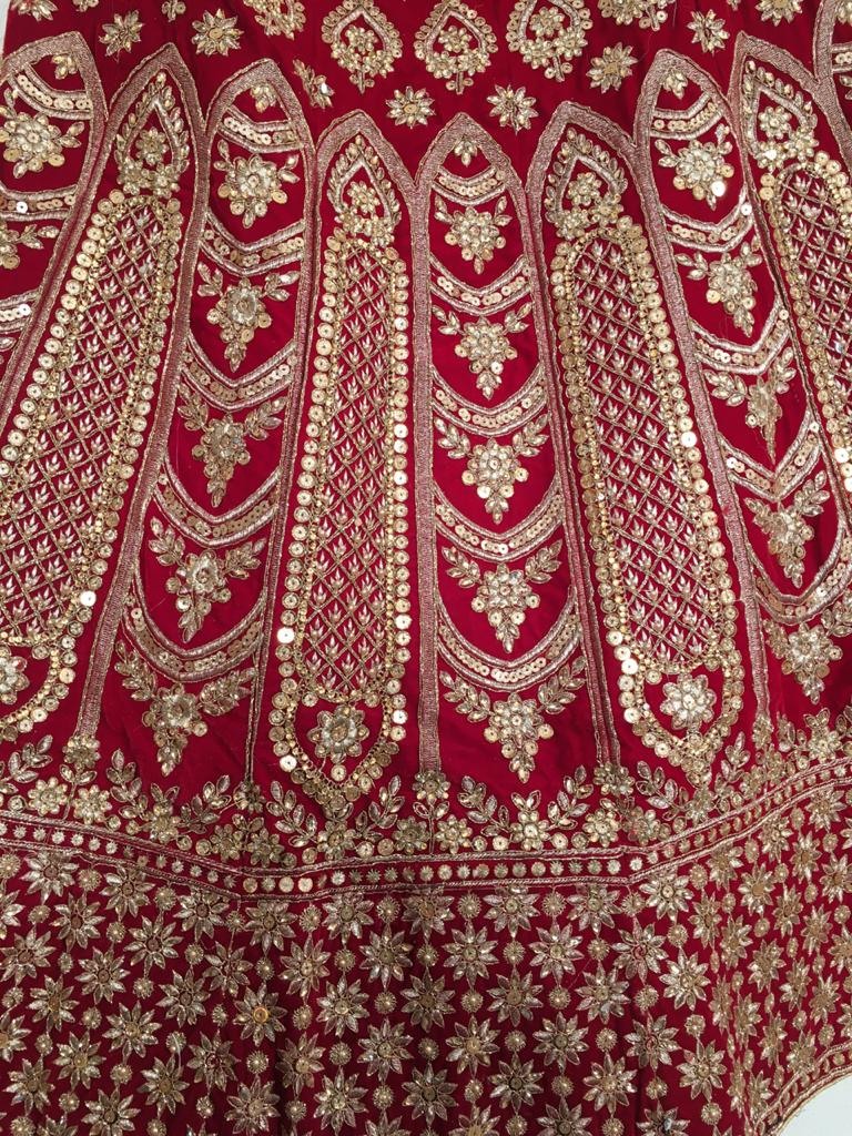 Maroon velvet dual sandwich sequence embroidered ceremonial lehenga choli
