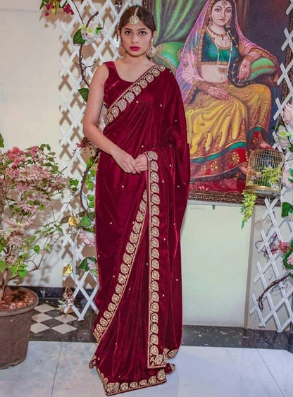 Maroon velvet embroidered border work wedding saree
