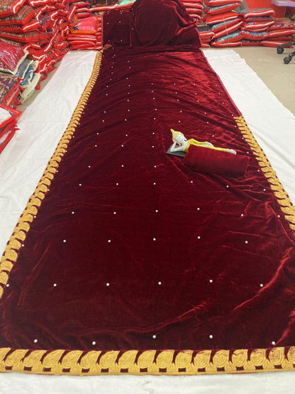 Maroon velvet embroidered border work wedding saree