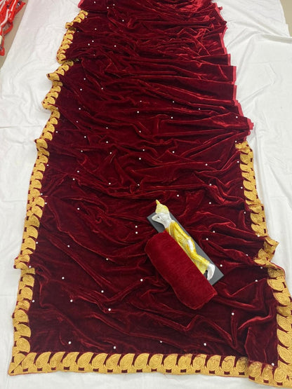 Maroon velvet embroidered border work wedding saree